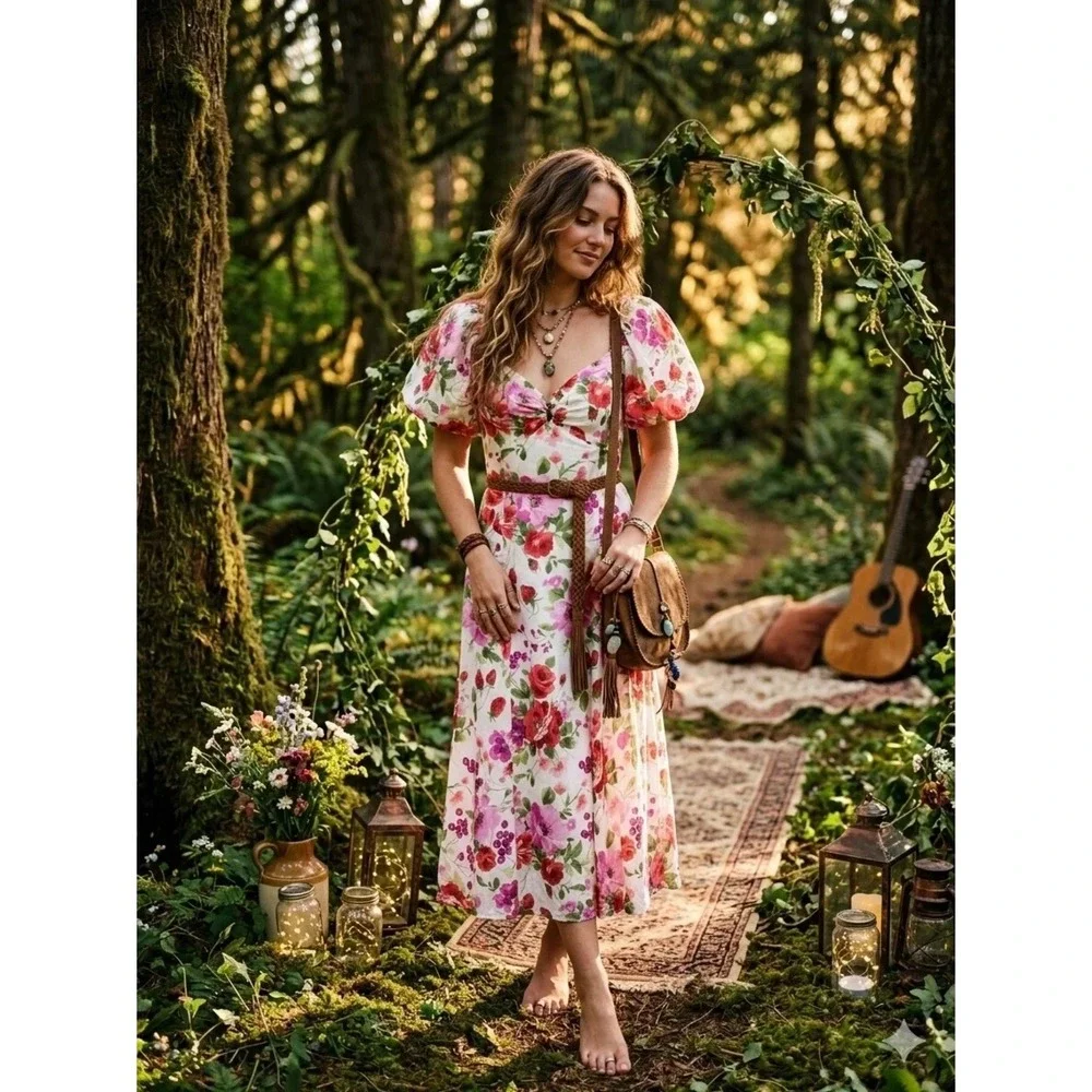 NWT A&F Hardware Drama Puff Sleeve Maxi Dress Pink Floral XXS Petite Cottagecore